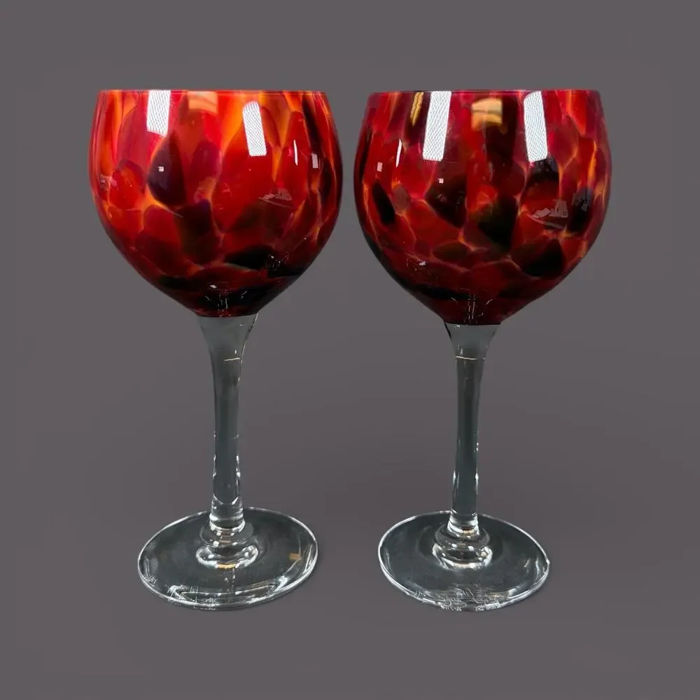 Lot of 2 Crystal Glass Wine Goblets Red Orange Swirl Signed studio art craft